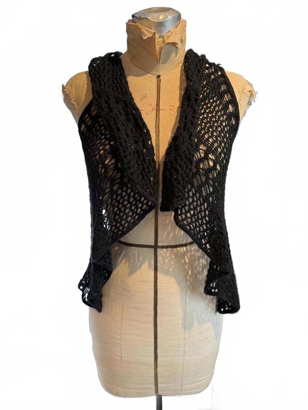 Black Crochet Open Front Vest